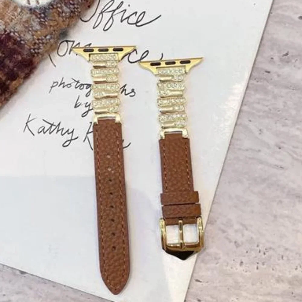 NEW Brown/Gold Leather Slim Apple Watch Band - Picture 2 of 5